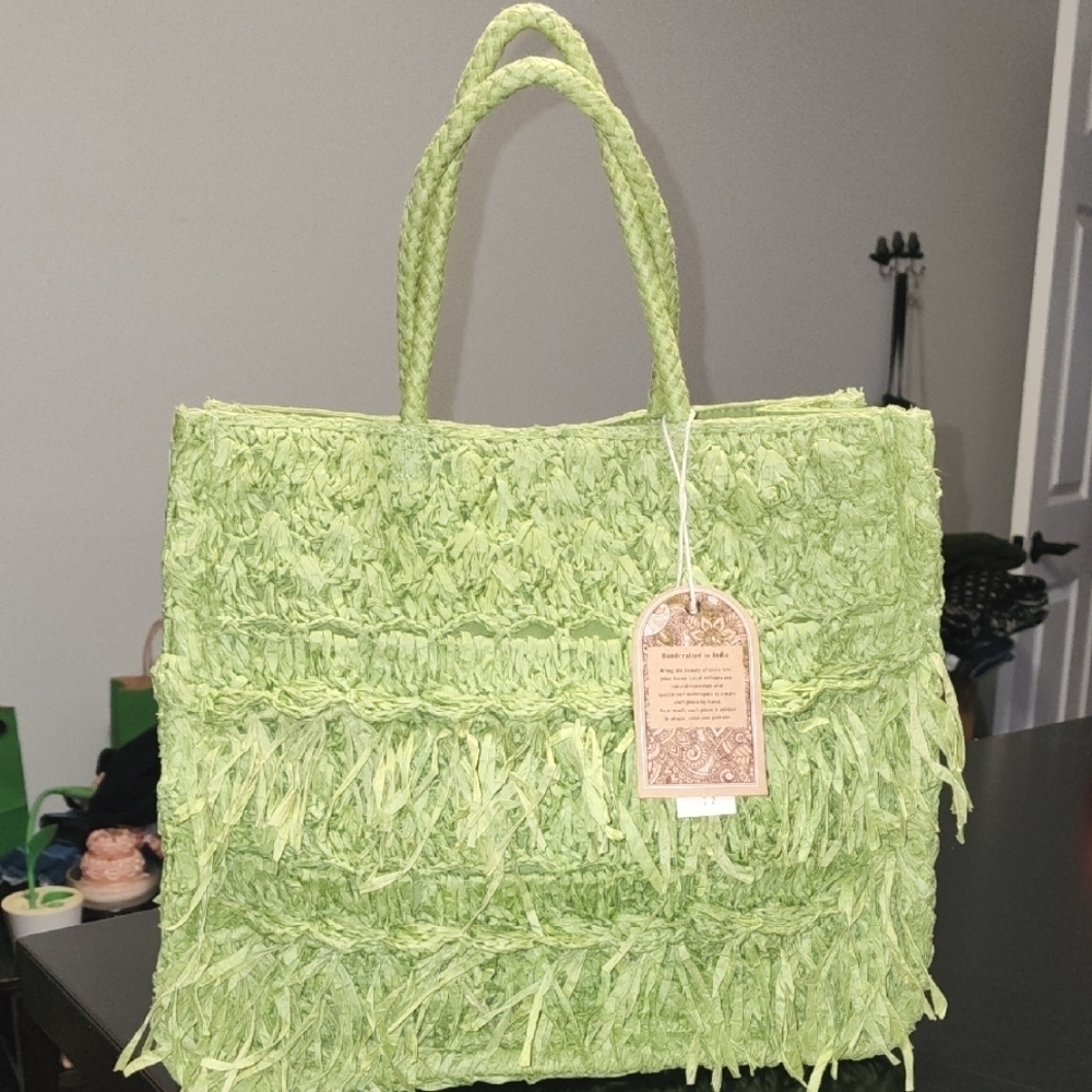 Handcrafted In India Green Fringe Tote Bag